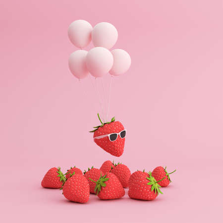 Minimal scene of flying balloons and strawberry, 3d rendering.の写真素材