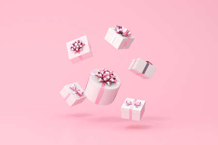 3D rendering of falling gift boxes on pink background.