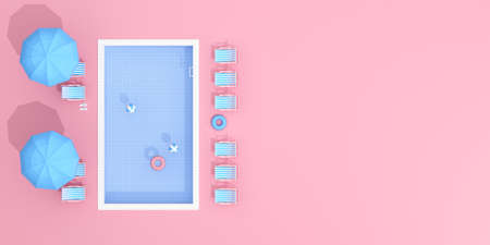 Top view of pool on pink background. Minimal scene. 3D rendering.