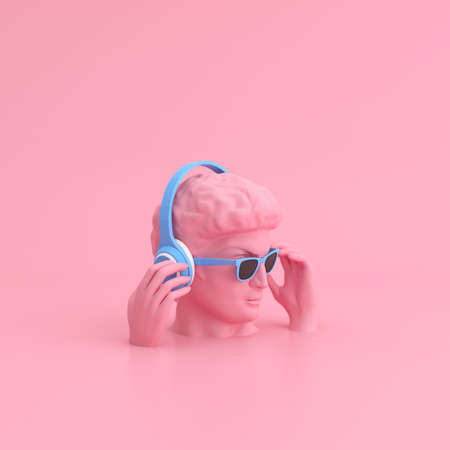 Minimal scene of sunglasses and headphone on human head sculpture, Music concept, 3d rendering.の写真素材