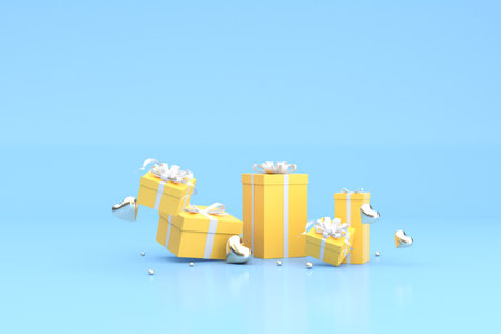3D render of floating yellow gift boxes on blue background.