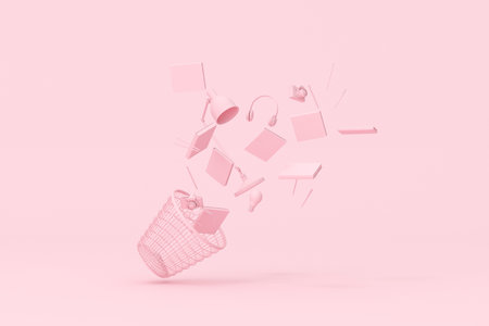 3d rendering of floating blue office accessories, book, lamp and pencils from basket on pink background.の写真素材