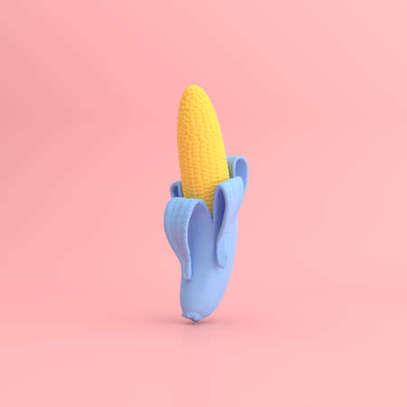 Yellow corn in banana on pink background. Minimal concept. 3D rendering