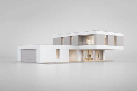 Modern house isolated on grey background, real estate or property investment concept. 3d rendering.の写真素材
