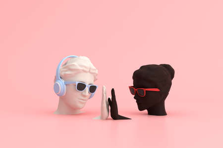 Minimal scene of clapping hands by black and white sculpture, Black history month concept, 3d...