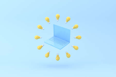 3d rendering of laptop around with floating circle light bulb. Minimal concept.の写真素材