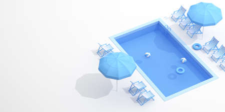 Top view of blue pool on white background. Minimal scene. 3D rendering.