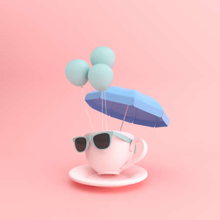 Sunglasses on a coffee cup with umbrella and balloons, Minimal concept. 3D rendering.の写真素材