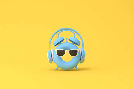 Conceptual scene of blue alarm clock with headphone on inflatable ring, 3d rendering.