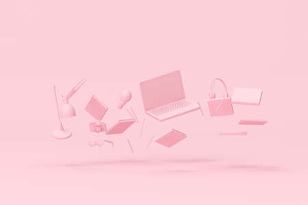 3d rendering of floating laptop and office accessories on pink background.