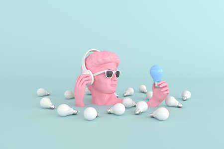 Minimal scene of sunglasses and headphone on human head sculpture holding light bulbs, 3d rendering.
