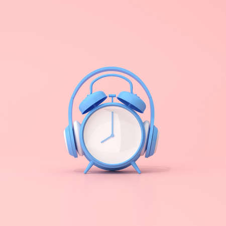 Conceptual scene of blue alarm clock with headphone, 3d rendering.の写真素材