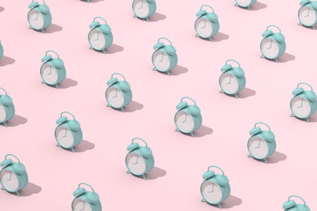 Minimal trendy scene of green clock pattern on pink background, 3D rendering.