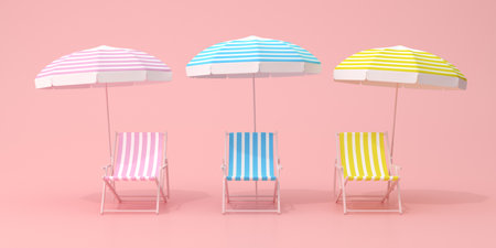 Minimal scene of beach chairs and umbrella on pink background, Various color, Summer concept, 3D rendering.の写真素材