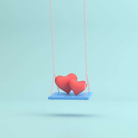 Minimal scene of blue swing chair with two hearts. Valentine concept, 3D rendering.
