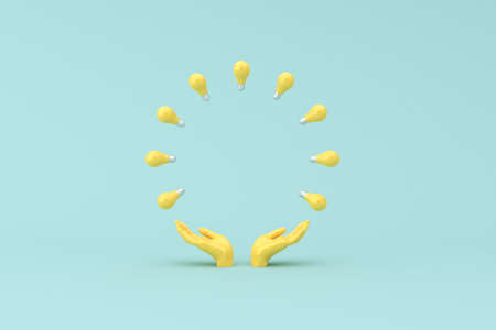 Hands are holding circle of light bulbs, Minimal concept, 3d rendering.の写真素材