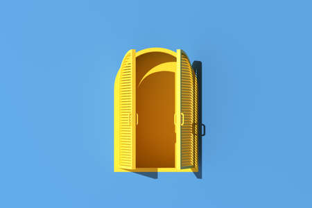 Minimal scene of yellow arch window on blue wall background. 3d rendering.の写真素材