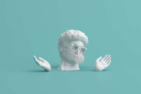 Minimal scene of sunglasses on human head sculpture with pink bubble gum on green background, 3d rendering.の写真素材
