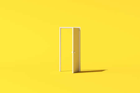 Minimal conceptual scene of a white door on yellow background. 3D rendering.の写真素材
