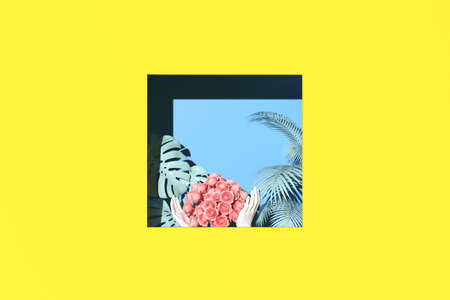Minimal scene of tropical leaf and hands are holding rose with copy space in square shape on yellow background, Palm and Mostera leaf. 3D renderingの写真素材