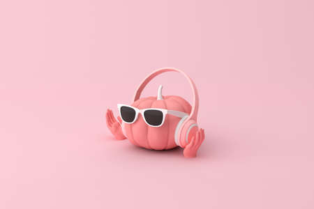 3D rendering of pink Halloween pumpkin with headphone and sunglasses.の写真素材