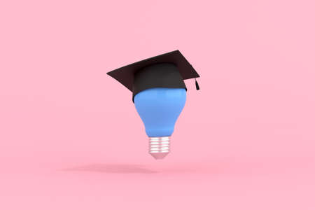 3d rendering of graduation cap on blue light bulb.の写真素材