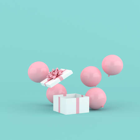 3D rendering of open gift box and balloons. Minimal concept.