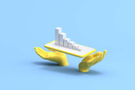 Hands are holding phone with market economy graph statistic, growth of profit, Financial exchange, Minimal business concept. 3d rendering.の写真素材