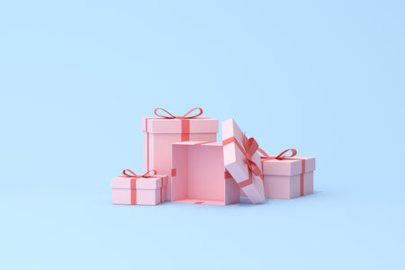 3D rendering of gift boxes on blue background, Minimal scene, Valentine.の写真素材