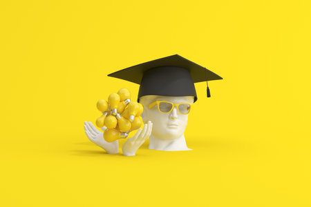 3d rendering of graduation cap on happy human sculpture and group of light bulbs.の写真素材