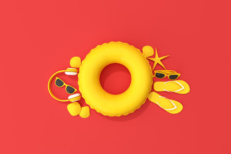 Top view of yellow summer beach concept. Summer accessories, headphone, sunglasses, starfish, shell,...