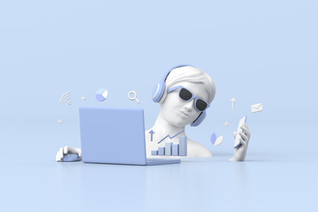 Illustration of women sculpture is using laptop with stock trading graph, growing strategy chart, Business concept. 3d rendering.の写真素材