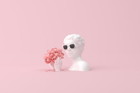 Mock up of rose flower and human sculpture on pink background, Love concept, Valentine. 3d rendering.の写真素材