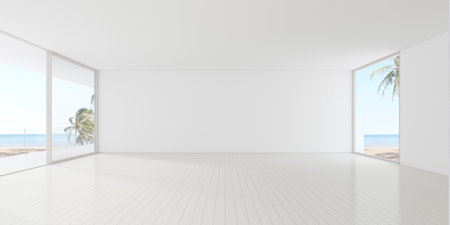 3d render of empty room with wooden floor and large plain wall on sea background.の写真素材