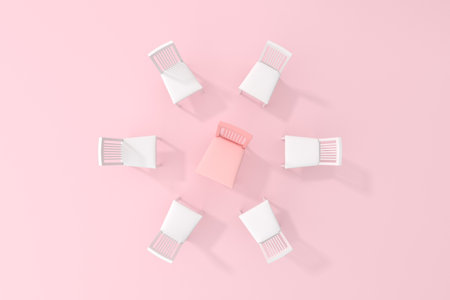 Minimal scene of pink chair around with white chairs, Leadership concept, Top view, 3d rendering.の写真素材
