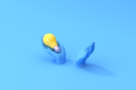 Mockup scene of hands are holding of yellow light bulbs, Minimal concept, 3d rendering.の写真素材