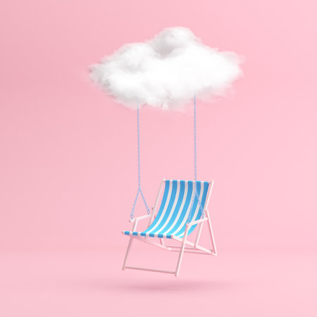 Minimal scene of floating beach chair by the white cloud on pink background. 3D renderingの写真素材