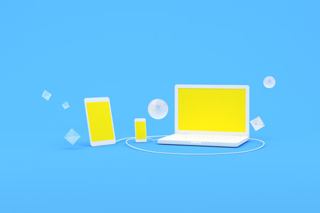 3D rendering of laptop computer and smart phone with yellow screen, Computer Software and Services concept.の写真素材
