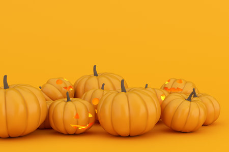 3d rendering of Halloween pumpkins on orange background.の写真素材