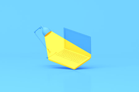 3d rendering of laptop and lamp on blue background. Minimal creative idea.の写真素材
