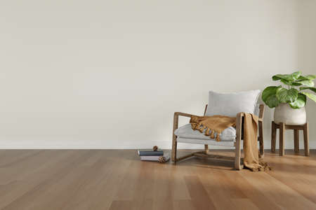 3d render of armchair and interior plants in minimal room.