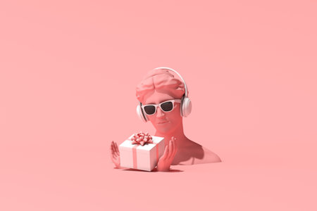 Mock up of gift box and human sculpture with headphone and sunglasses on pink background, Love concept, Valentine. 3d rendering.の写真素材
