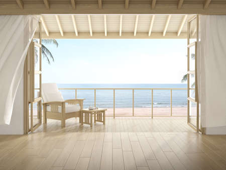 3d rendering of modern luxury room with wooden chair on sea background, Large window and door.の写真素材