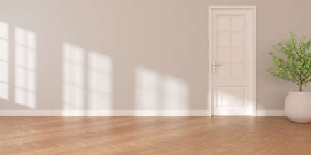 3D rendering of white empty room with wooden floor and sun light cast shadow on the wall. White door...