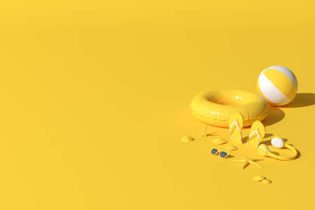 Mock up of yellow summer beach concept. Summer accessories, headphone, sunglasses, starfish, shell,...