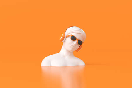 Minimal scene of sunglasses and headphone on women sculpture, Music concept, 3d rendering.の写真素材