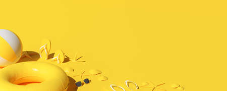 Mock up of yellow summer beach concept. Summer accessories, sunglasses, starfish, shell, inflatable...