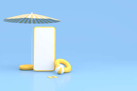 Mockup of blank screen smart phone with umbrella and beach staff, Summer concept, Minimal scene. 3D rendering.の写真素材