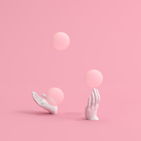 3d rendering of juggling balls with white hands sculpture on pink background.の写真素材