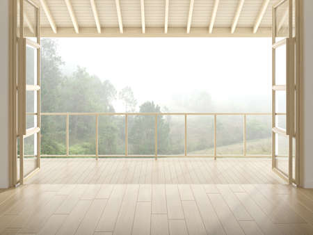 3d rendering of modern luxury room with wooden floor and balcony on tree background, Large window and door.の写真素材
